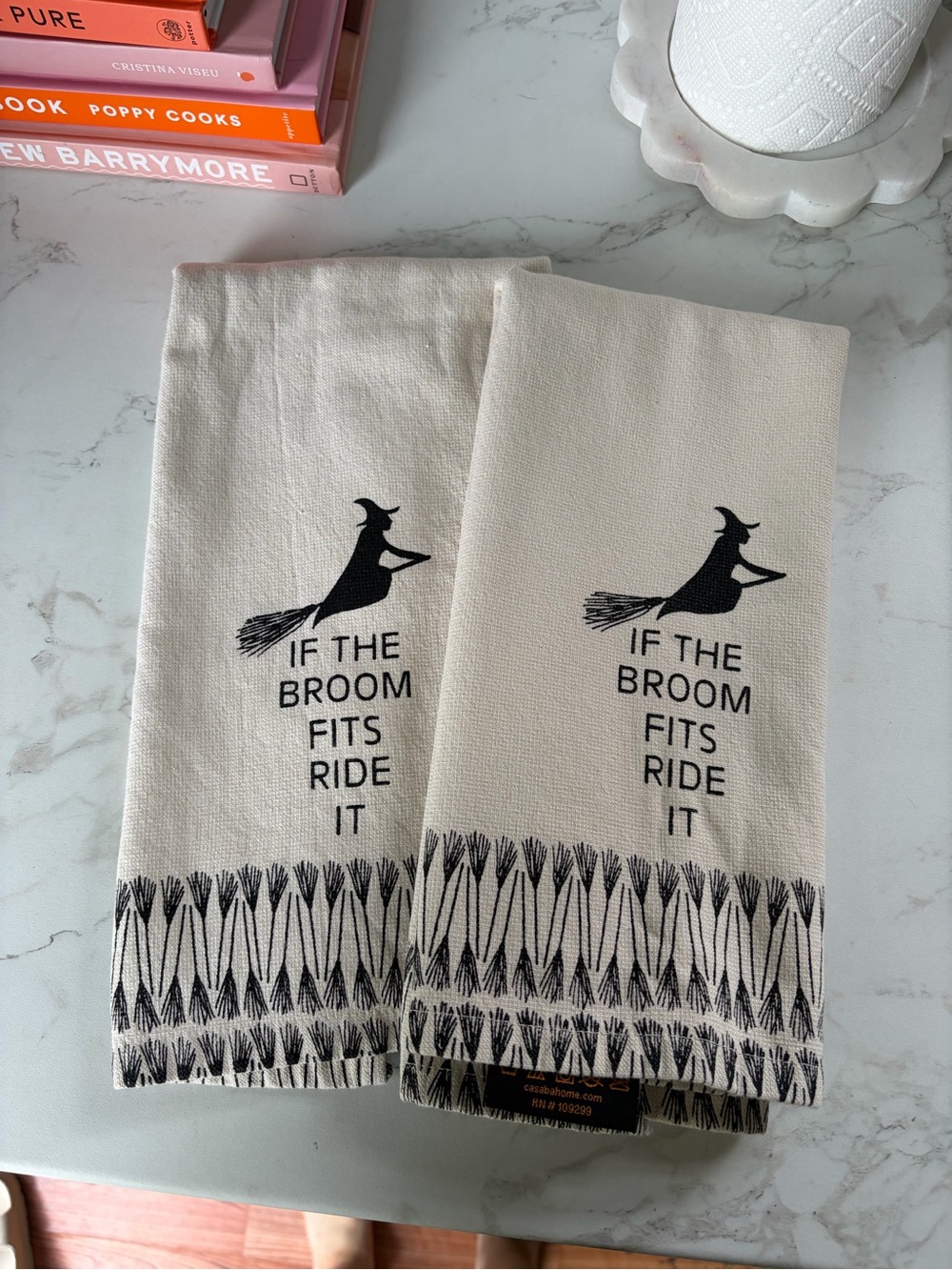 T.J.Maxx Cream and Black Witch Broom Kitchen Towels